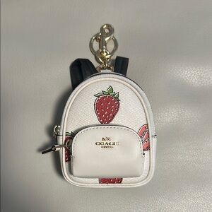 Coach White Mini Backpack Keychain with Strawberry Design
